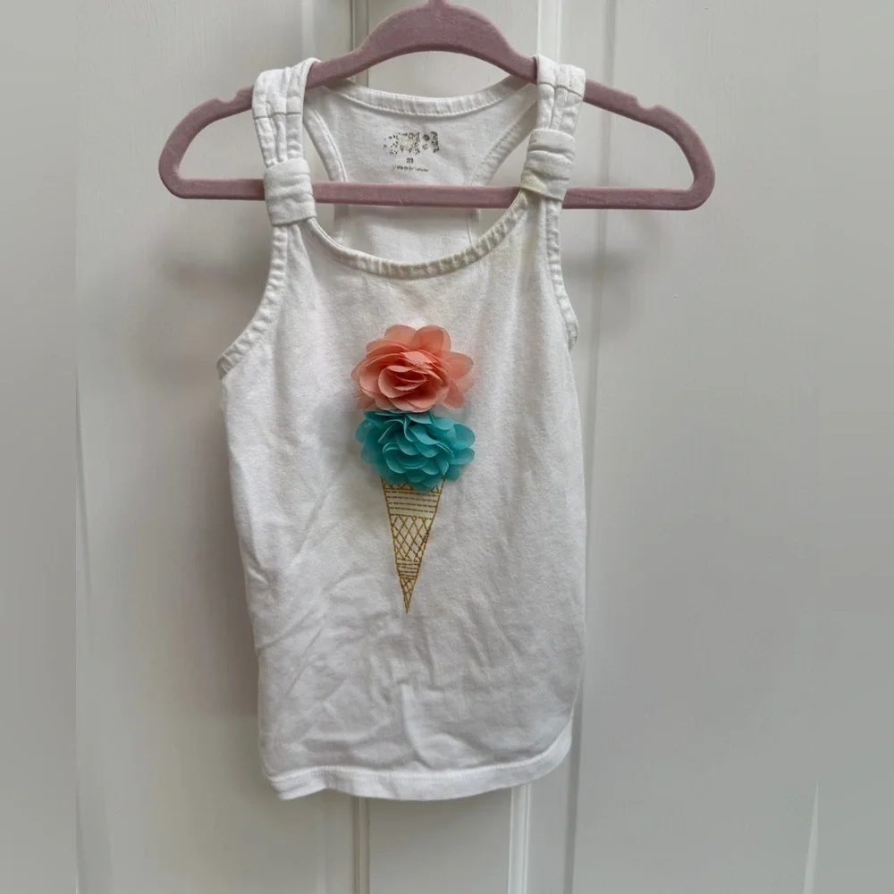 2T Girls White Ice Cream Floral Graphic Kids Sleeveless Tank Top Blouse Top